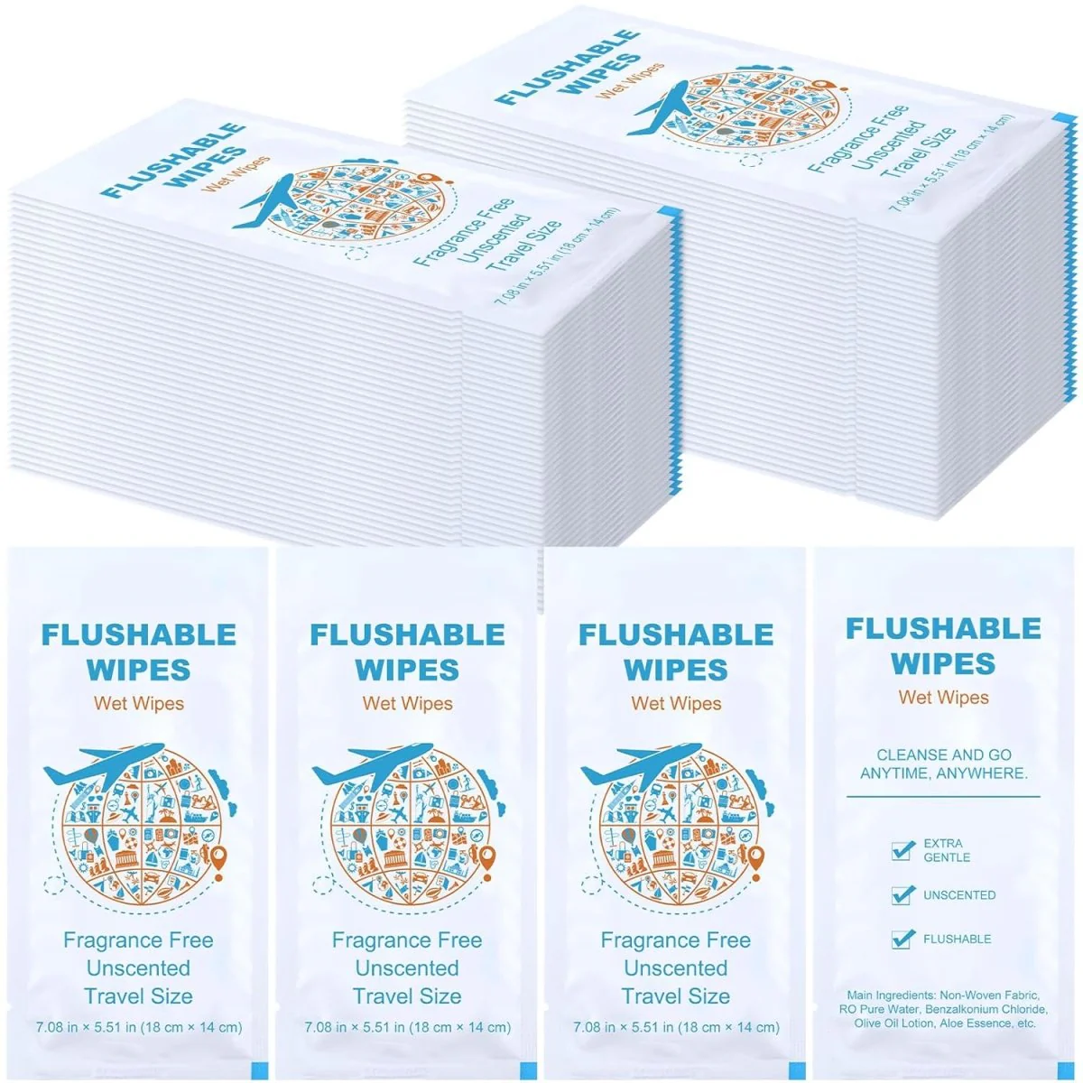 Flushable wipe for adults fragrance-free 1 pc
